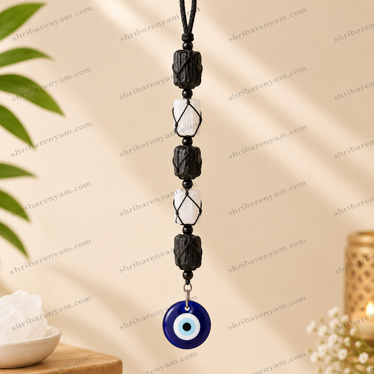 Selenite, Black Tourmaline and Evil Eye Hanging 1