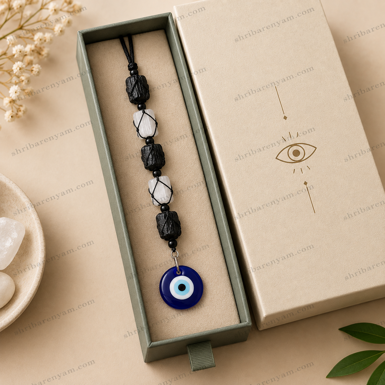Selenite, Black Tourmaline and Evil Eye Hanging 2